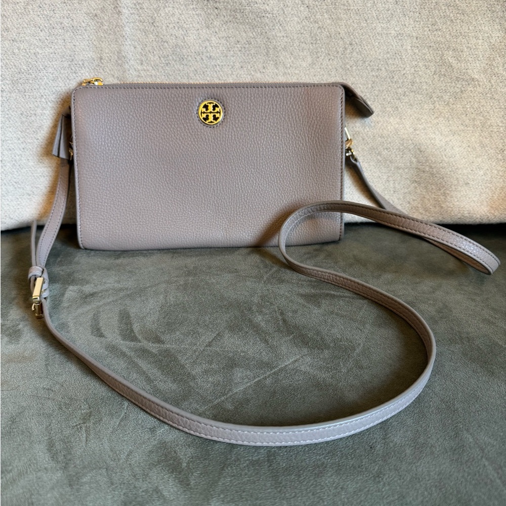 Tory Burch Gray Leather Crossbody Bag with Gold Emblem